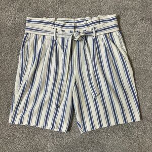 Boden Shorts Womens 14 White Blue Stripe Linen Blend Paperbag High Rise Belted